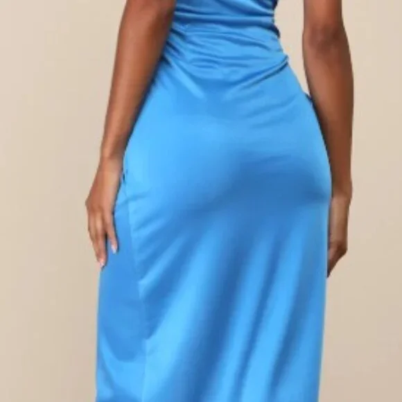 Lulus Elegant Status Bright Blue Knit Strapless Tulip Midi Dress - Size XS - Picture 3 of 5